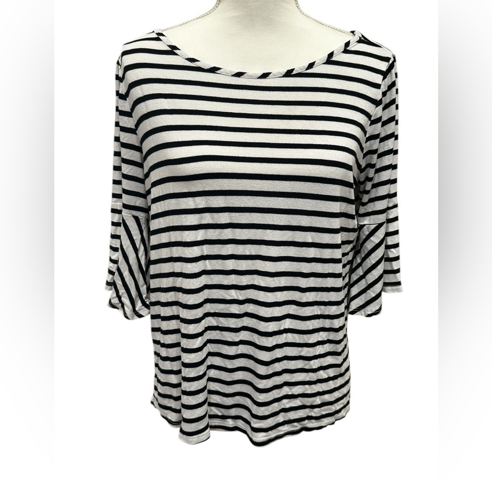 Green Envelope Black White Striped Tee Relaxed Boho Coastal Casual Top Large